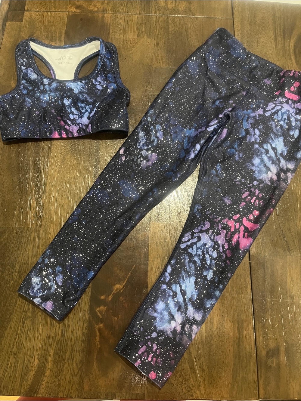XS bcg Galaxy Print Dance Gymnastics Sports Active Bra & Leggings Set like new